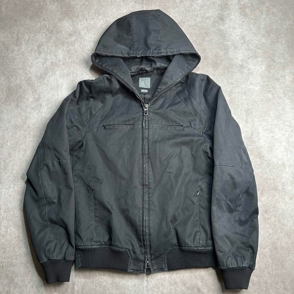 Armani Exchange Mens S Black Cotton Hooded Full Zip Bomber Jacket Twill tear*